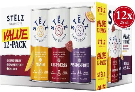 Blik|Mixdranken|STËLZ Hard Seltzer 12-pack Raspberry, Mango & Passionfruit