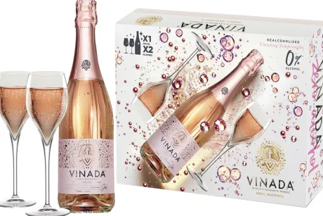 Alcoholvrij|Alcoholvrije Mousserende Wijn|Vinada Tempranillo Rosé incl 2 Glazen Cadeaupakket